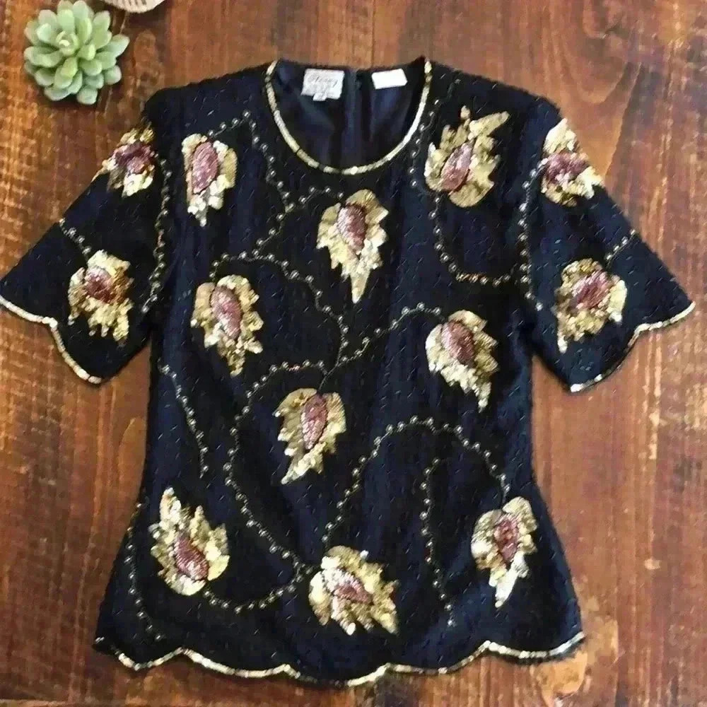 Stenay | Vintage Black & Gold Sequined and Beaded Short Sleeve Silk Blouse